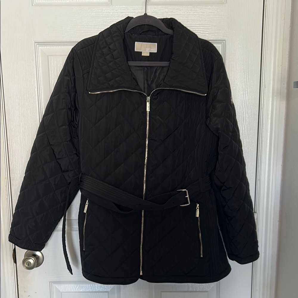 Michael Kors MK Black Quilted Jacket Coat with tie belt waist